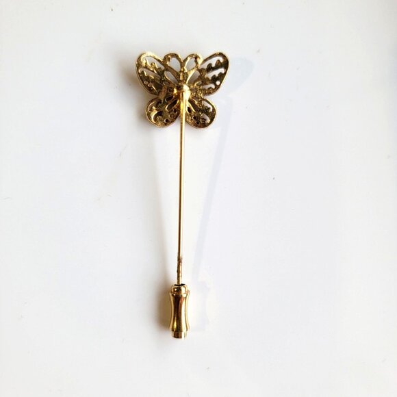 Vintage 80s Butterfly Lapel Stick Pin brooch Filigree Clear Rhinestone Accents - Picture 2 of 3